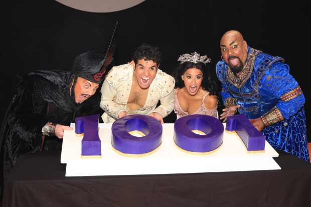 Jonathan Freeman, Adam Jacobs, Courtney Reed, and James Monroe Iglehart can&#39;t wait to take a bite out of their celebratory cake.