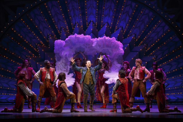 Rob McClure (center) leads the company of Karey Kirkpatrick, Wayne Kirkpatrick, and John O&#39;Farrell&#39;s Something Rotten!, directed by Casey Nicholaw, at Broadway&#39;s St. James Theatre.