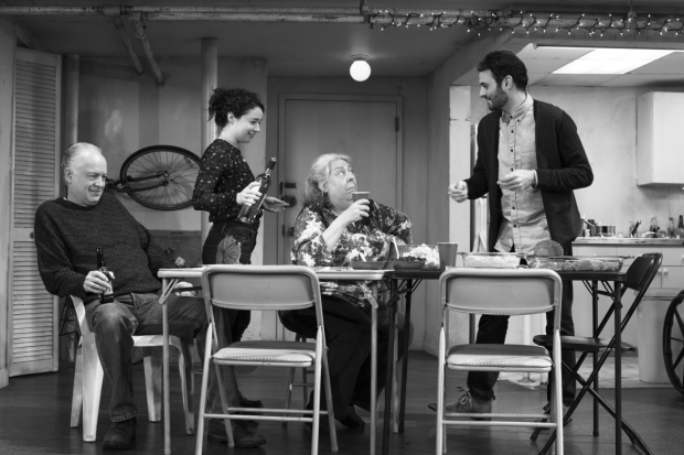 Reed Birney, Sarah Steele, Jayne Houdyshell, and Arian Moayed in The Humans, now playing at Broadway&#39;s Gerald Schoenfeld Theatre.