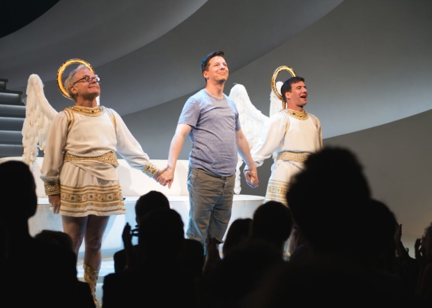 An Act of God star Sean Hayes flanked by his angels James Gleason and David Josefsberg, taking their bows at the Booth Theatre. 