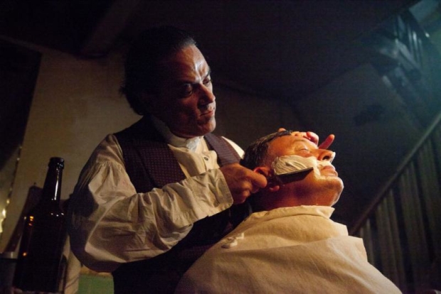 Jeremy Secomb (Sweeney Todd) and Duncan Smith (Judge Turpin) in the Tooting Arts Club production of Sweeney Todd.