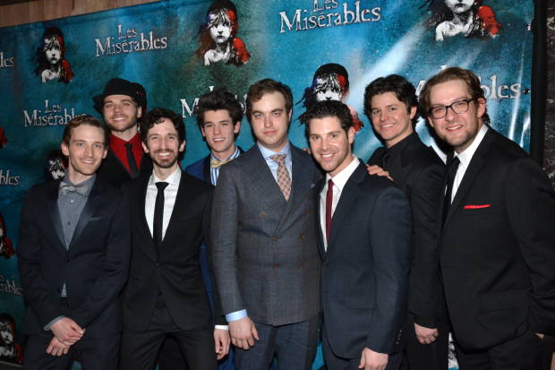 McCarrell (fourth from left) celebrates opening night with the male ensemble of Les Mis on March 23, 2014.