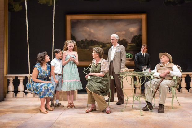 Katie Firth, Athan Sporek, Kylie McVey, Jill Tanner, Philip Goodwin, Julian Elfer, and George Morfogen in A Day by the Sea by N.C. Hunter. 