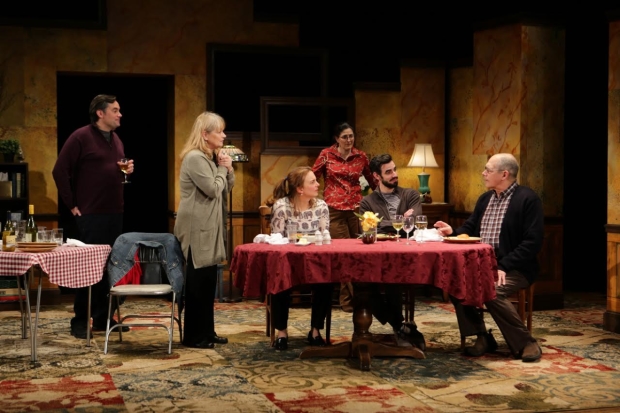 Bill Mootos, Karen MacDonald, Laura Latreille, Sarah Newhouse, Paul Melendy, and Joel Colodner in a scene from another Apple Family play, That Hopey Changey Thing.