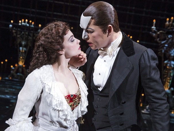 Julia Udine as Christine and James Barbour as the Phantom in The Phantom of the Opera at the Majestic Theatre.