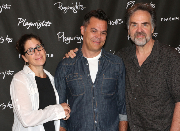 Playwrights Horizons artistic director Tim Sanford (right) joins director Anne Kauffman and playwright Adam Bock for a photo.