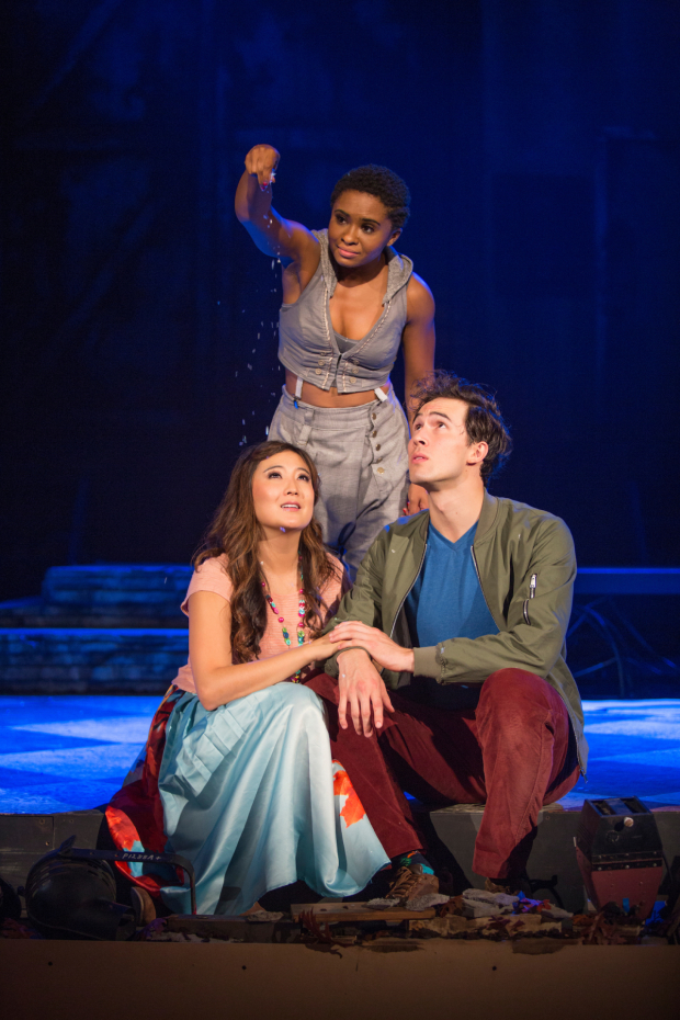 Ashley Park, Alyse Rockett (standing), and Conor Guzmán in The Pasadena Playhouse production of The Fantasticks.