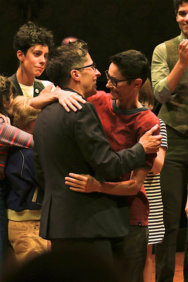 Alison Bechdel and Beth Malone share a hug as the curtain comes down on the Broadway run of Fun Home.