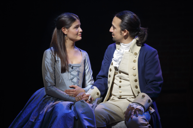 Hamilton orginal cast members Phillipa Soo (Eliza Hamilton) and Lin-Manuel Miranda (Alexander Hamilton) in a scene from the Broadway production.