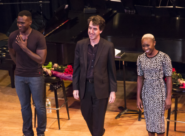 Joshua Henry, Jason Robert Brown, and Cynthia Erivo take their bows after The Last Five Years at Town Hall.
