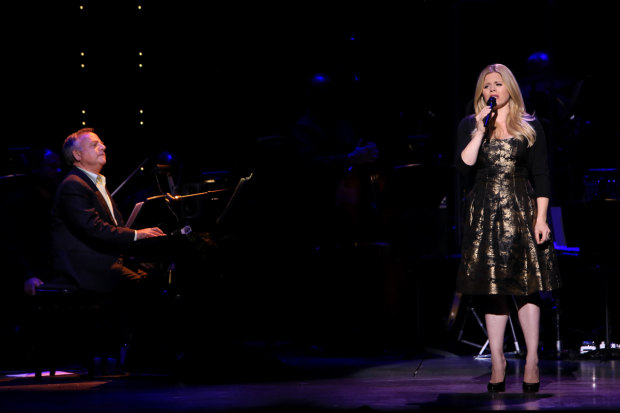 Marc Shaiman at the piano with Megan Hilty, performing on the Al Hirschfeld stage.