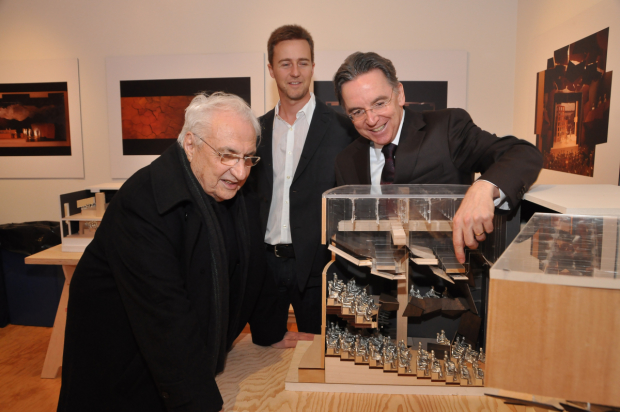 Frank Gehry, Ed Norton, and James Houghton examine a model of Signature&#39;s Alice Griffin Jewel Box Theatre in 2010.