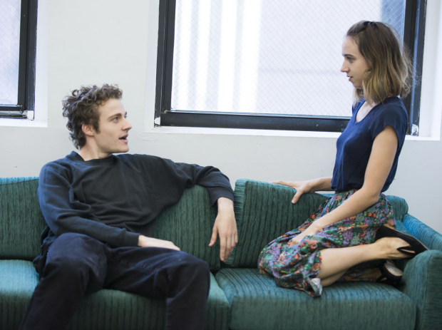 Ben Rosenfield and Zoe Kazan prepare for the Roundabout production.