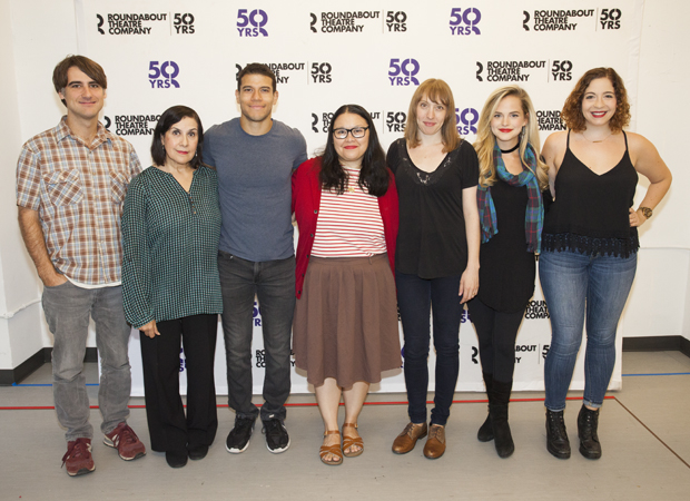 The cast of Kingdom Come (center) poses with their director, Kip Fagan (left), and playwright, Jenny Rachel Weiner (right).