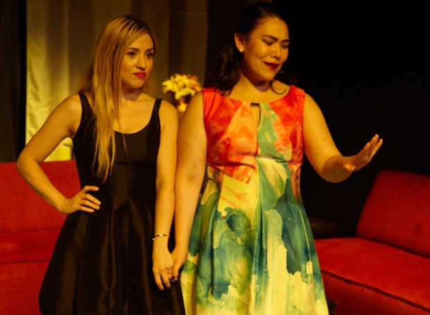 Darcy Wright and Emily Ota as Regan and Becky in Hannah T. Wolff&#39;s production of Leslye Headland&#39;s Bachelorette at Walkerspace.