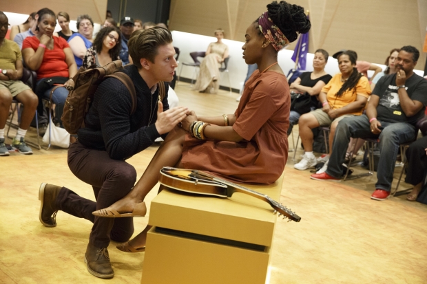Christian DeMarais and Kristolyn Lloyd in The Public's Mobile Unit production of Hamlet, directed by Patricia McGregor and running at The Public Theater, following a free tour to the five boroughs.