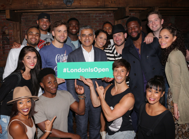 London Mayor Sadiq Khan poses with the cast of Hamilton on Broadway.