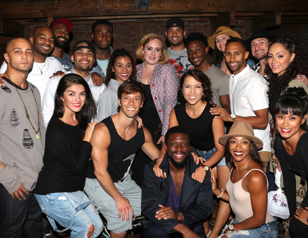 Grammy winner Adele (center) poses with the cast of Hamilton on September 17.