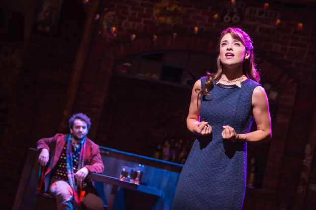 Alex Brightman looks on as Jen Gambatese performs a song from School of Rock.