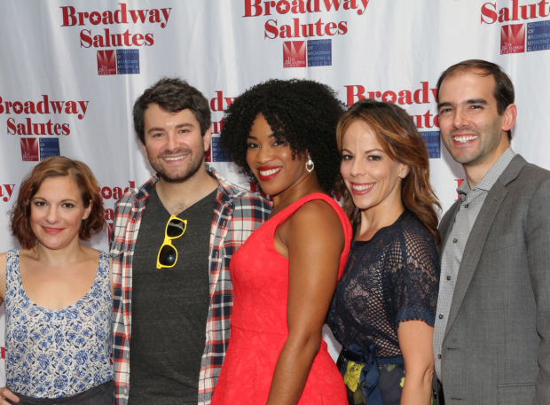 Daisy Eagan, Alex Brightman, Rashidra Scott, Leslie Kritzer, and Marc Bruni take part in the 2016 Broadway Salutes event at Shubert Alley.