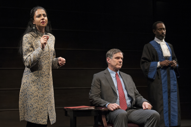 Mahira Kakkar, Tony Carlin, and Michael Rogers star in Dick Tarlow&#39;s The Trial of an American President, directed by Stephen Eich, at Theatre Row&#39;s Lion Theatre.