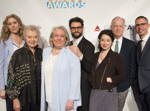 Cassie Beck, Lauren Klein, Jayne Houdyshell, Arian Moayed, Sarah Steele, Reed Birney, and Stephen Karam, representing The Humans, winner of the 2016 Drama League Award for Oustanding Play.