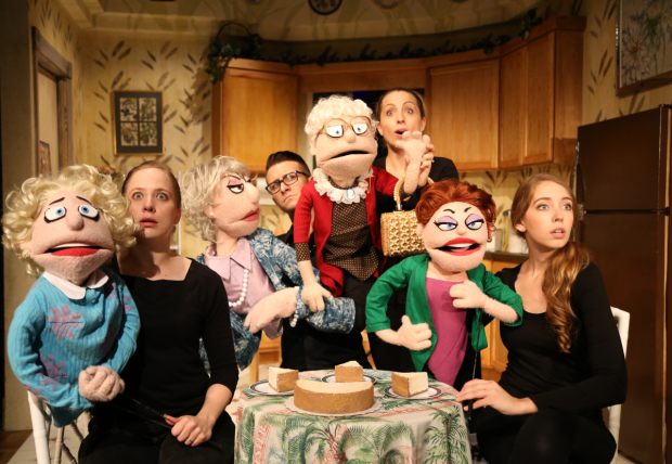 Arlee Chadwick, Michael LaMasa, Emmanuelle Zeesman, and Cat Greenfield star in That Golden Girls Show! — A Puppet Parody, created and directed by Jonathan Rockefeller, at the DR2 Theatre.
