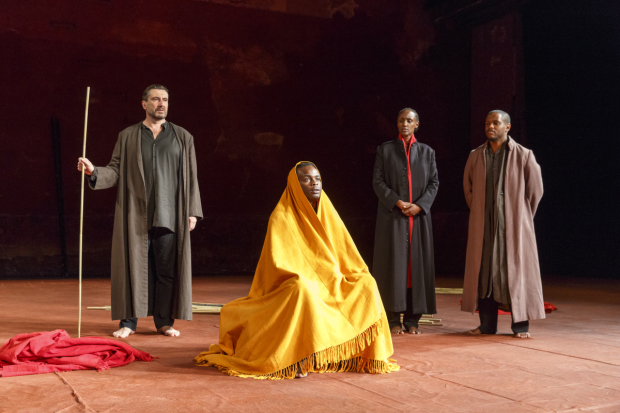 Sean O'Callaghan, Ery Nzaramba, Carole Karemera, and Jared McNeill star in Battlefield, adapted and directed by Peter Brook and Marie-Hélène Estienne, at BAM&#39;s Harvey Theatre.