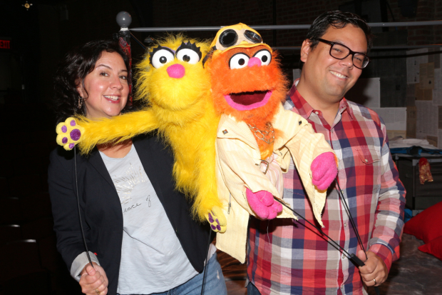 Kristen Anderson-Lopez and Robert Lopez get goofy with puppets from 1001 Nights.