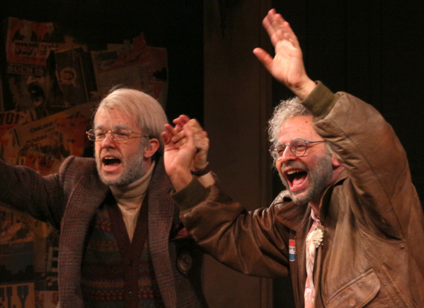 John Mulaney as Gil Faizon and Nick Kroll as George St. Geegland take their bow on the opening night of Oh, Hello on Broadway.