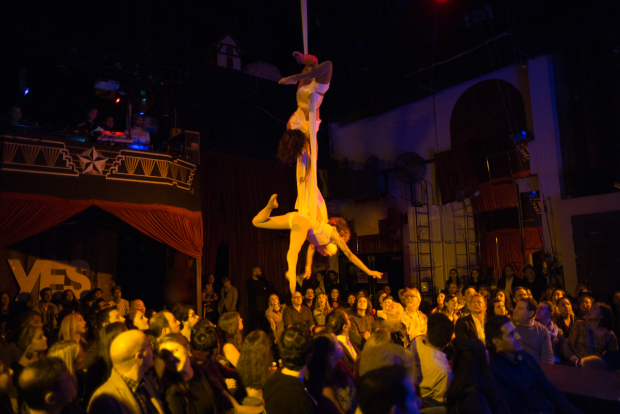 Anya Sapoznikovah and Melissa Aguerre perform an aerial routine over the audience in Slumber.