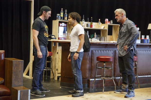 Will Pullen, Carlo Albán, and James Colby rehears a scene from Sweat.