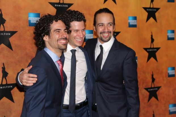 Hamilton creator Lin-Manuel Miranda (right) with orchestrator Alex Lacamoire and director Thomas Kail on their Broadway opening night.