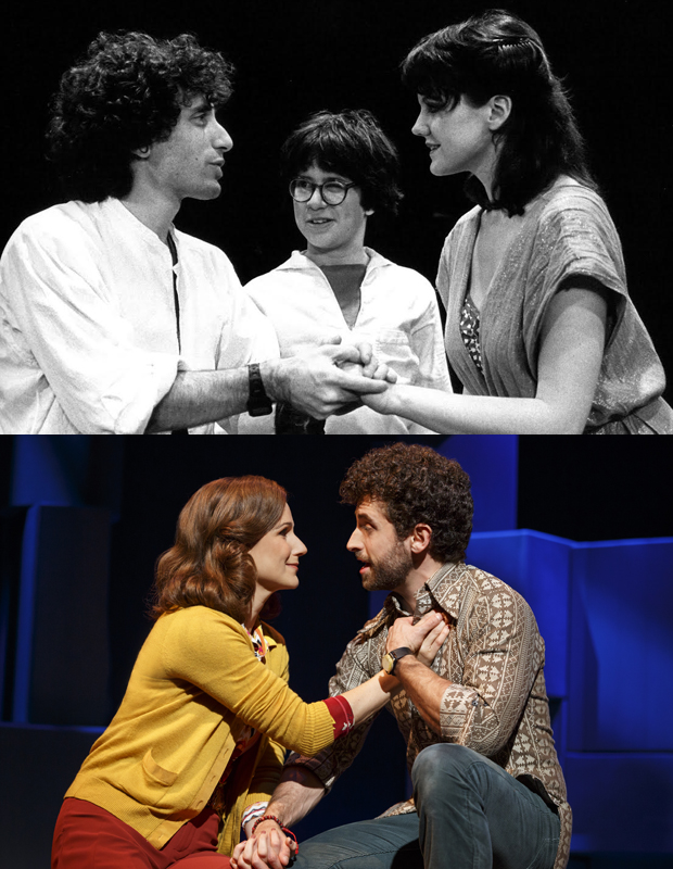 Top: Chip Zien as Mendel, James Kushner as Jason, and Alison Fraser as Trina in the 1981 Playwrights Horizons production of March of the Falsettos. Bottom: Stephanie J. Block as Trina and Brandon Uranowitz as Mendel in the 2016 Broadway revival of Falsettos.
