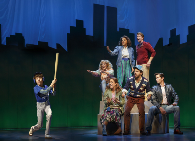 Anthony Rosenthal, Betsy Wolfe, Tracie Thoms, Christian Borle, Andrew Rannells, Brandon Uranowitz, and Stephanie J. Block in the 2016 revival of Falsettos at the Walter Kerr Theatre.