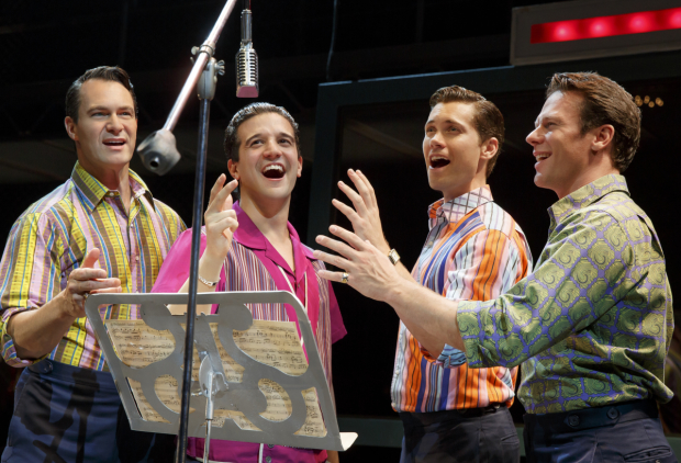 Catch Matt Bogart, Mark Ballas, Drew Seeley, and Nick Dromard in Jersey Boys on Broadway.
