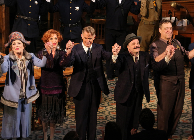 Holland Taylor, Sherie Rene Scott, John Slattery, Nathan Lane, and John Goodman take their bow on the opening night of The Front Page.