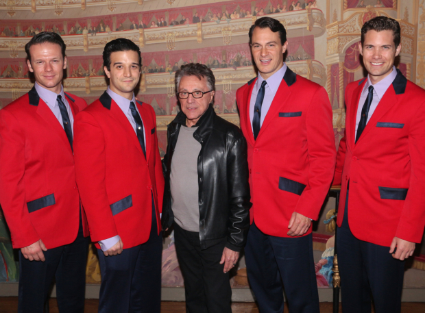 Frankie Valli hands out with the current cast of Jersey Boys: Nicholas Dromard, Mark Ballas, Matt Bogart, Drew Seeley. 