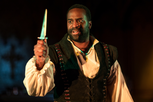 Omar Robinson as the title character in Hamlet, directed by Doug Lockwood, at Actors&#39; Shakespeare Project.