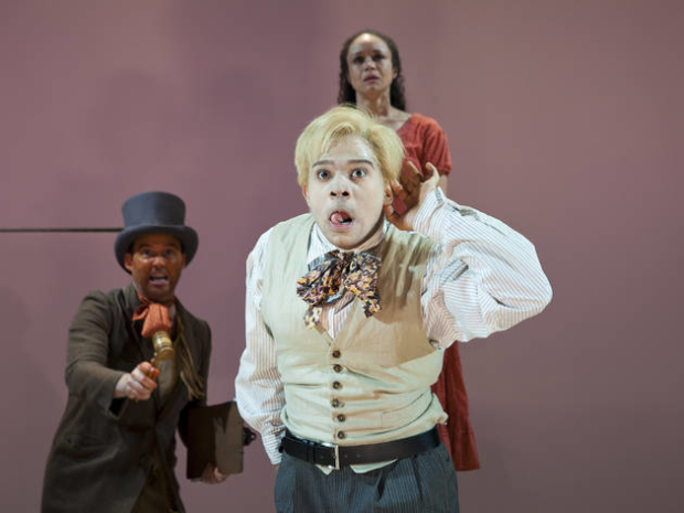 Danny Wolohan, Chris Myers, and Amber Gray starred in Branden Jacobs-Jenkins&#39; An Octoroon, directed by Sarah Benson, at Soho Rep.