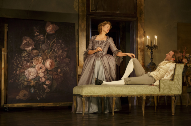 Janet McTeer as La Marquise de Merteuil  and Liev Schreiber as Le Vicomte de Valmont in Les Liaisons Dangereuses at Broadway&#39;s Booth Theatre.