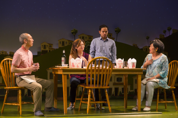 Francis Jue, Ruibo Qian, Jon Norman Schneider, and Emily Kuroda in Tiger Style!, directed by Moritz von Stuelpnagel, at the Huntington Theatre Company.