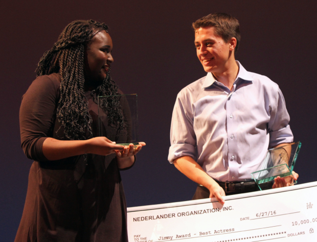 2016 Jimmy Award winners Amina Faye and Josh Strobl accept their prize at the Minskoff Theatre.