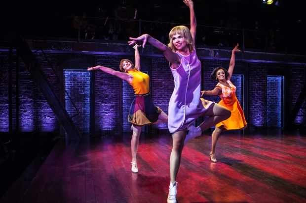 Emily Padgett, Sutton Foster, and Asmeret Ghebremichael perform Joshua Bergasse&#39;s choreography in Sweet Charity, directed by Leigh Silverman, for the New Group at the Pershing Square Signature Center. 