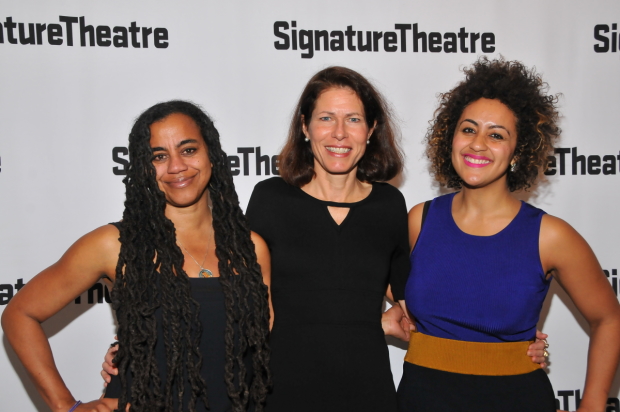 Signature Theatre Artistic Director Paige Evans (center) takes a photo with playwright Suzan-Lori Parks and director Lileana Blain-Cruz.