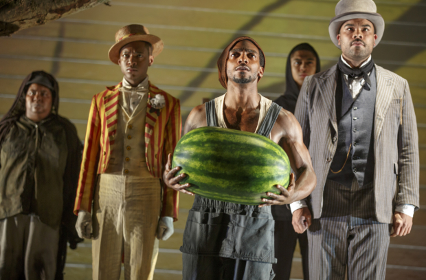 Patrena Murray, Jamar Williams, Daniel J. Watts, Reynaldo Piniella, and David Ryan Smith in Suzan-Lori Parks&#39; The Death of the Last Black Man in the Whole Entire World, directed by Lileana Blain-Cruz, at the Pershing Square Signature Center.