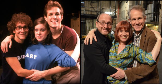 (left) Lonny Price, Ann Morrison, and Jim Walton in an image from the original Broadway production of Merrily We Roll Along. (right) Jim Walton, Ann Morrison, and Lonny Price reunite at the Neil Simon Theatre.