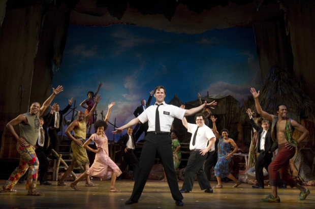 Andrew Rannells, Josh Gad, and the original Broadway cast of The Book of Mormon.