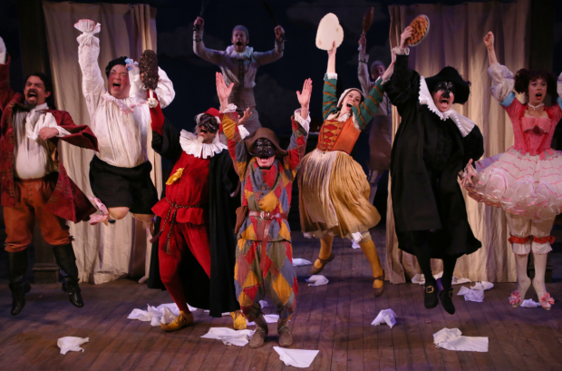 Steven Epp (center) leads the cast of Carlo Goldoni&#39;s The Servant of Two Masters, directed by Christopher Bayes, for Theatre for a New Audience at the Polonsky Shakespeare Center.