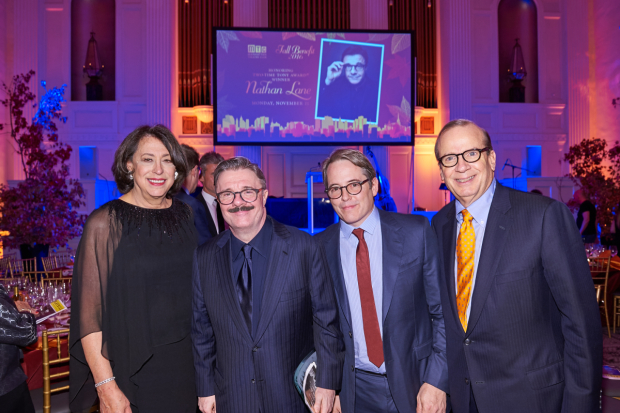 Nathan Lane and Matthew Broderick pose with Manhattan Theatre Club leaders Lynne Meadow and Barry Grove.